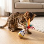 Tabby cat pouncing on a feathered toy across a living room floor