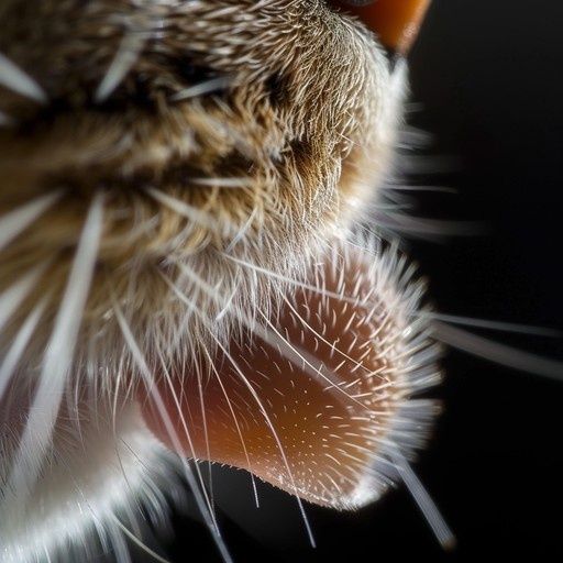 Extreme close-up of a cat’s muzzle with dense whiskers