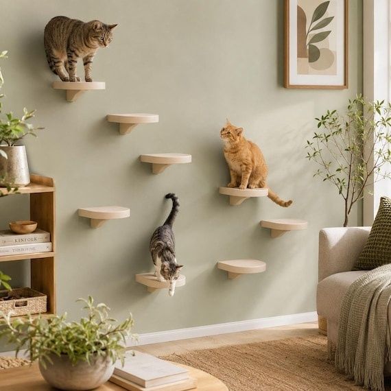 Three cats using staggered wall-mounted shelves in a living room